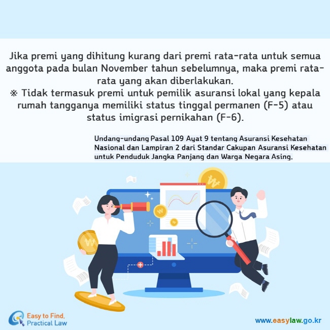 Jika premi yang dihitung kurang dari premi rata-rata untuk semua anggota pada bulan November tahun sebelumnya, maka premi rata-rata yang akan diberlakukan. ※ Tidak termasuk premi untuk pemilik asuransi lokal yang kepala rumah tangganya memiliki status tinggal permanen (F-5) atau status imigrasi pernikahan (F-6). Undang-undang Pasal 109 Ayat 9 tentang Asuransi Kesehatan Nasional dan Lampiran 2 dari Standar Cakupan Asuransi Kesehatan untuk Penduduk Jangka Panjang dan Warga Negara Asing.